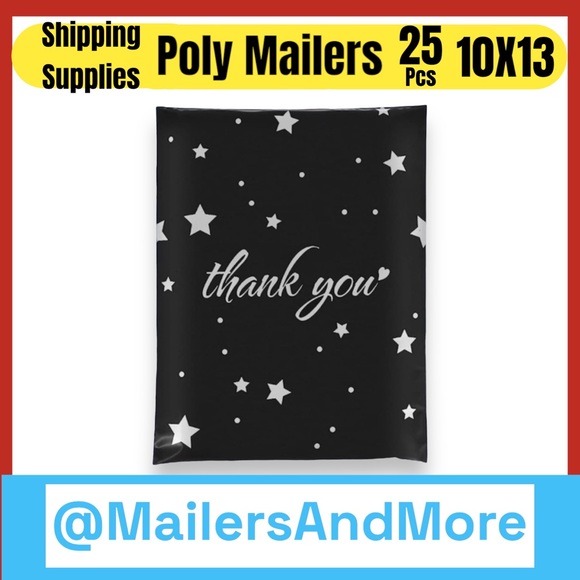 25 10X13 Poly Mailers Black & Silver Stars Thank You Flat Mailers PRICE IS FIRM - Picture 3 of 7